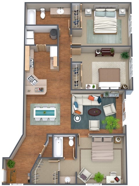 Floor plan for 3 beds, 2 baths, 1237 sqft